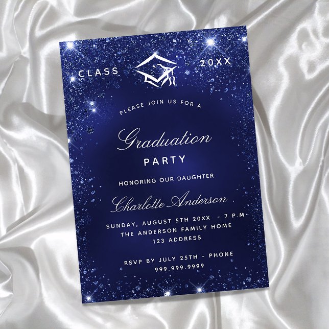 Graduation party navy blue sparkles luxury invitation (Creator Uploaded)