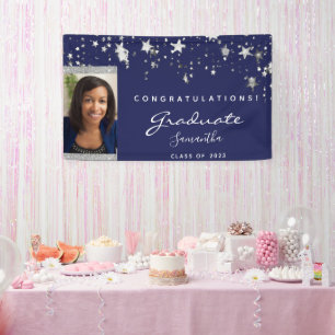 Graduation party navy blue white stars photo 2025 banner
