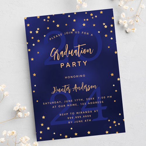 Graduation party navy blue year gold stars invitation