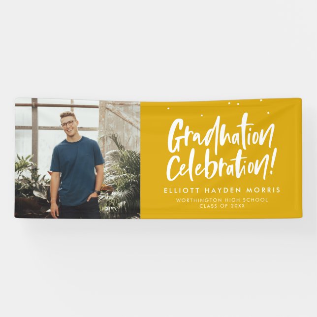 Graduation party one photo fun golden yellow banner (Horizontal)