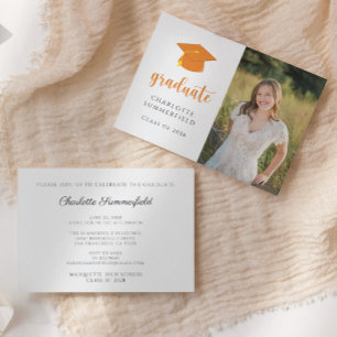 Graduation Party Orange Gold Cap Tassel Photo Invitation