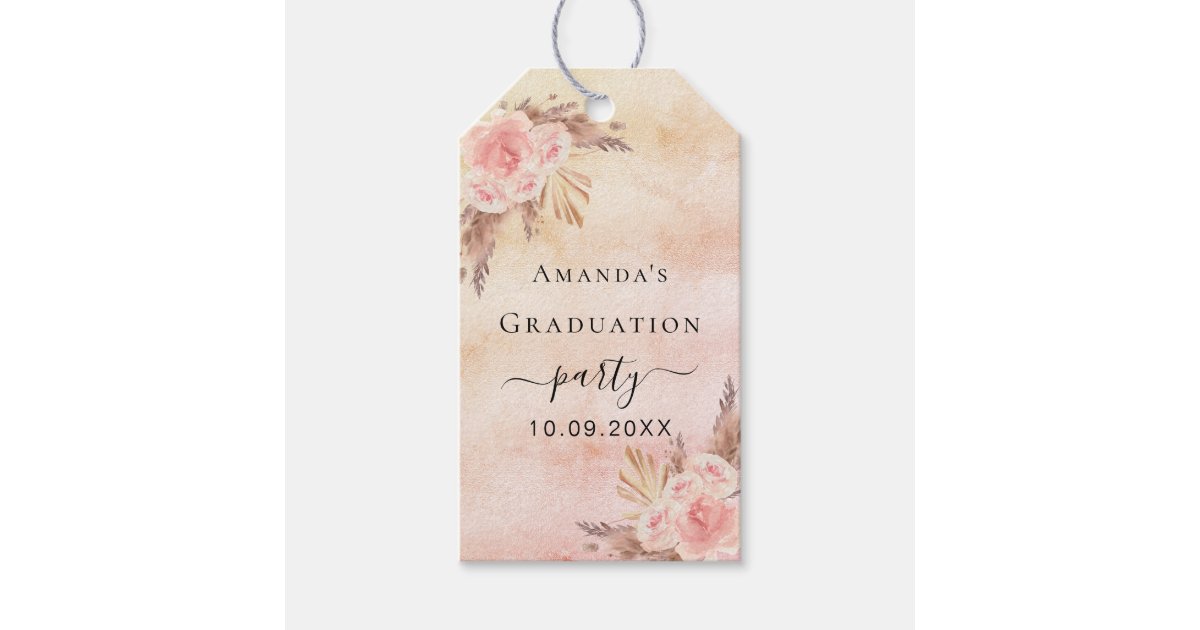 Graduation party pampas grass blush rose thank you gift tags | Zazzle