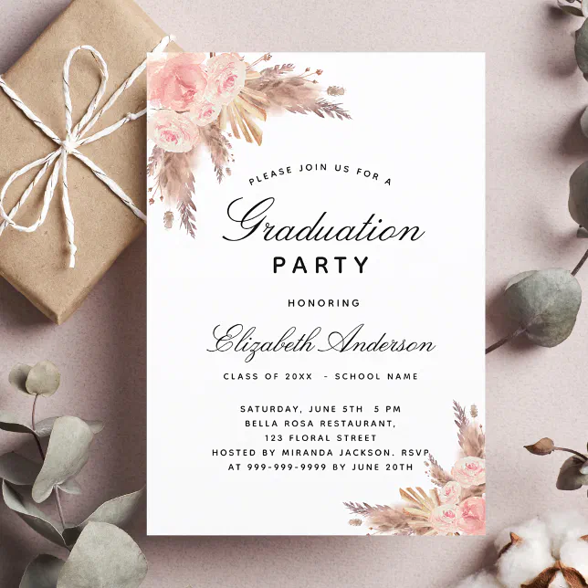 Graduation party pampas grass rose gold blush 2024 invitation | Zazzle