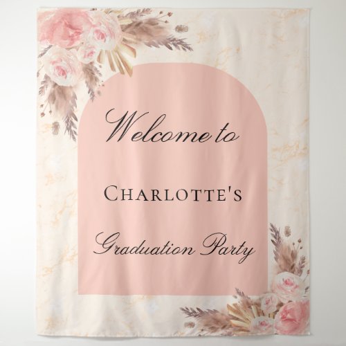 Graduation party pampas grass rose gold blush arch tapestry