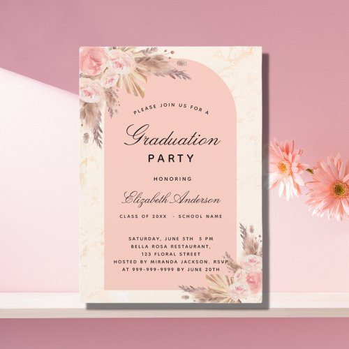 Graduation party pampas grass rose gold blush pink invitation