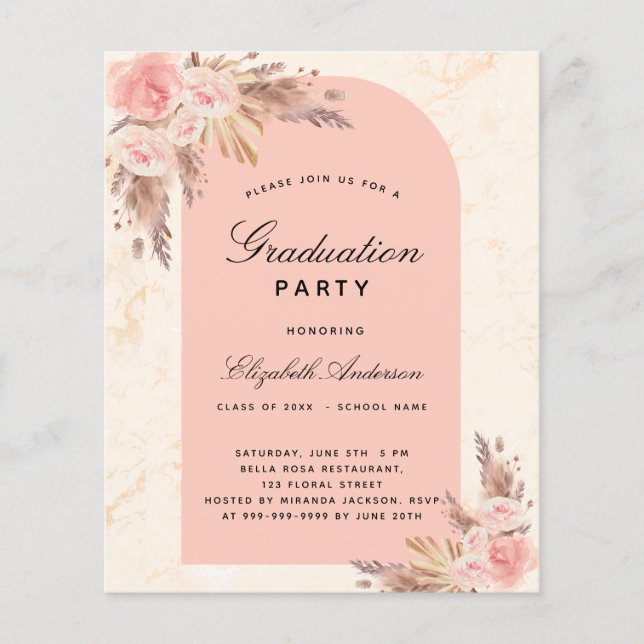 Graduation party pampas rose budget invitation flyer (Front)