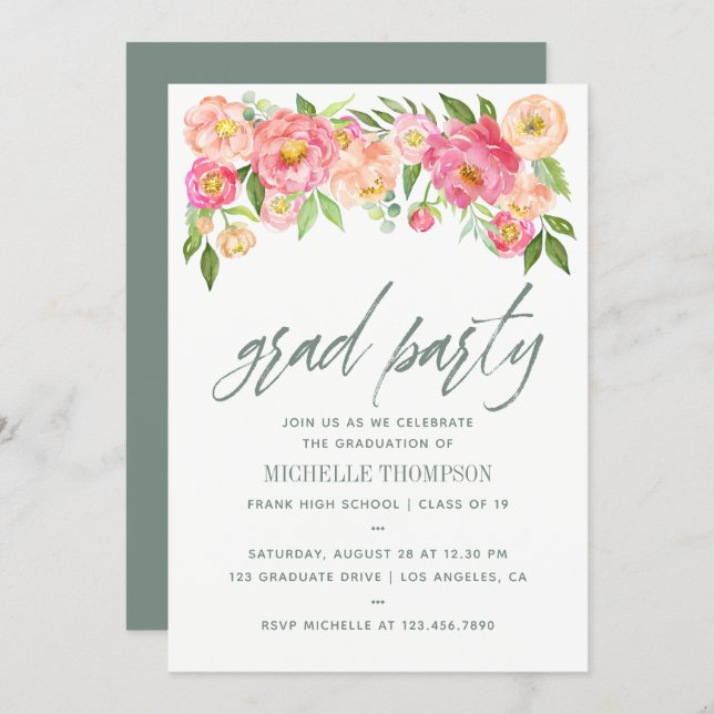 Graduation Party Peony flowers invitation (Front/Back)