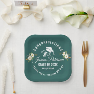 Graduation Party Personalized Name Floral Green Paper Plates