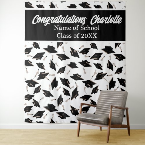 Graduation Party Personalized Photo Op Black White Tapestry