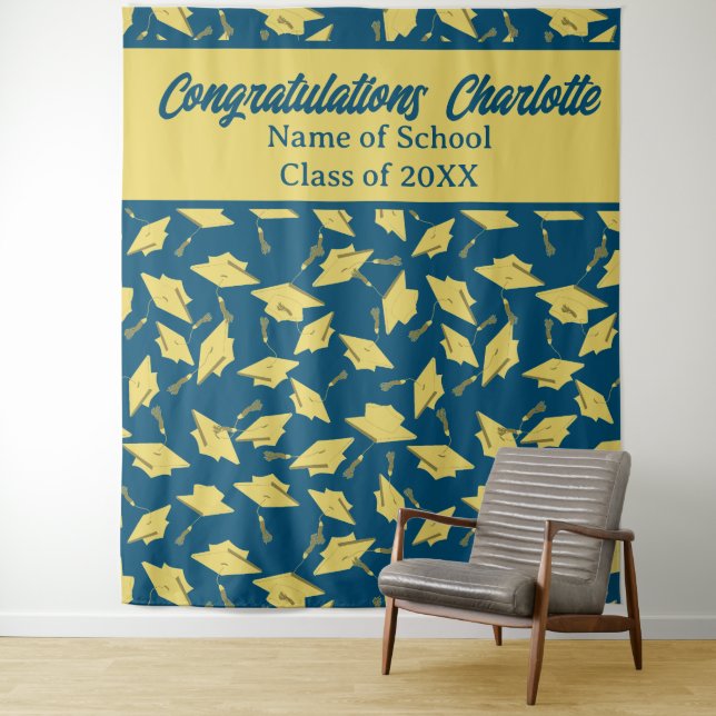 Graduation Party Personalized Photo Op Blue & Gold Tapestry (In Situ)