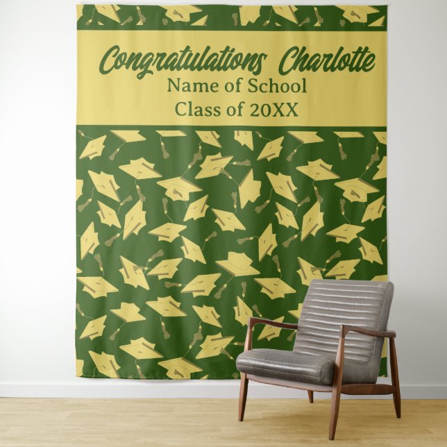 Graduation Party Personalized Photo Op Green Gold Tapestry (In Situ)