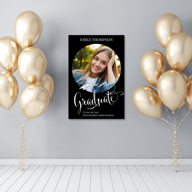 Graduation Party Photo Black and White Custom Poster (Graduation party photo poster with fancy white style calligraphy)
