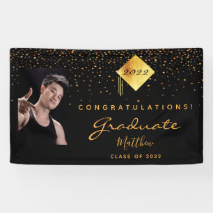 Graduation party photo black gold confetti welcome banner