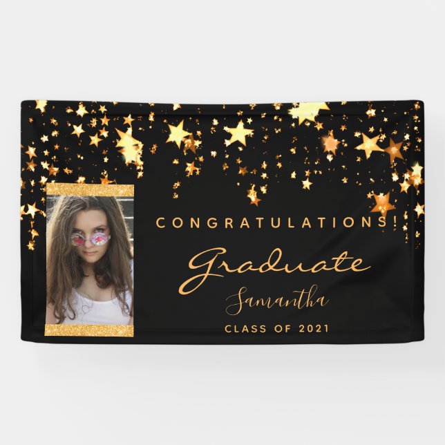 Graduation party photo black gold stars 2025 banner (Horizontal)