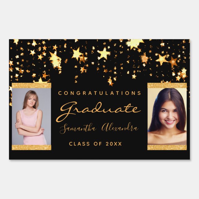 Graduation party photo black gold stars two sign (Front)