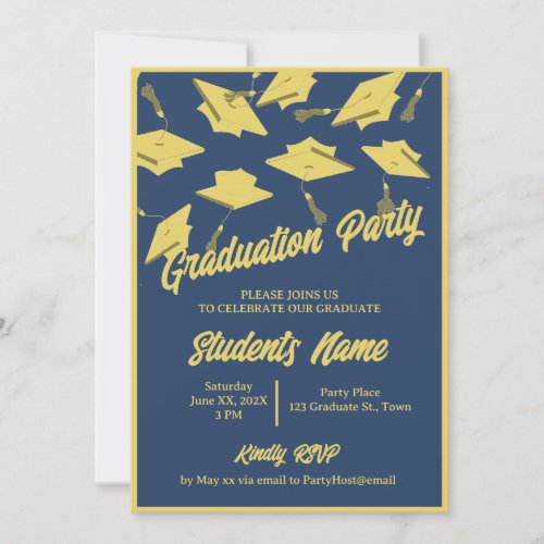 Graduation Party Photo Blue and Gold Mortarboards Invitation
