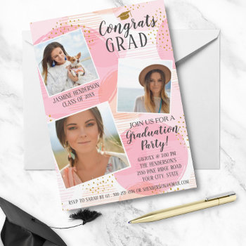 Graduation Party Photo Collage Blush Pink Trendy Invitation by colorfulgalshop at Zazzle