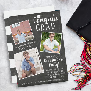 Graduation Party Photo Collage Chalkboard Stripes Invitation