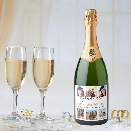 Graduation party photo collage white sparkling wine label