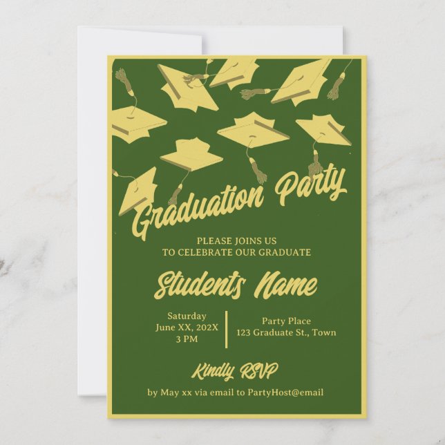 Graduation Party Photo Green and Gold Mortarboard Invitation (Front)