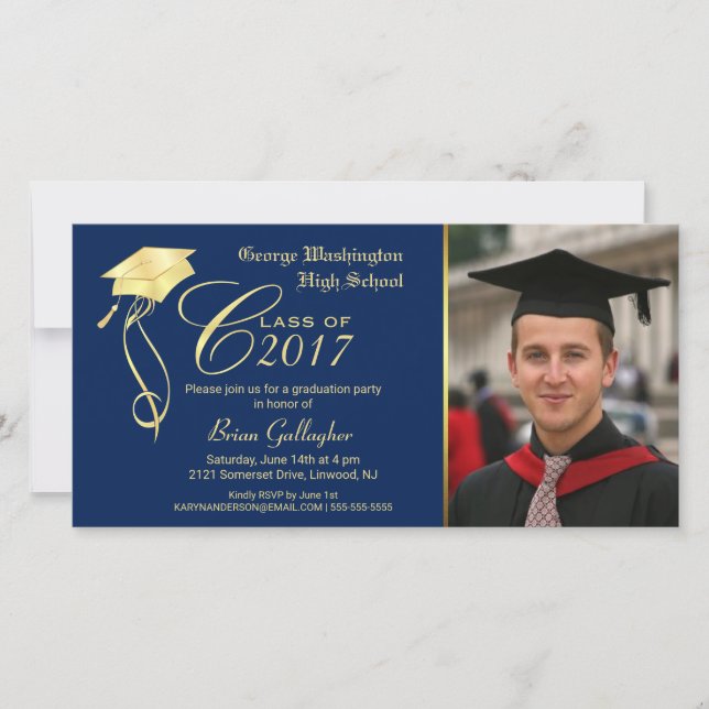 Graduation Party Photo Invitation with Gold Cap (Front)