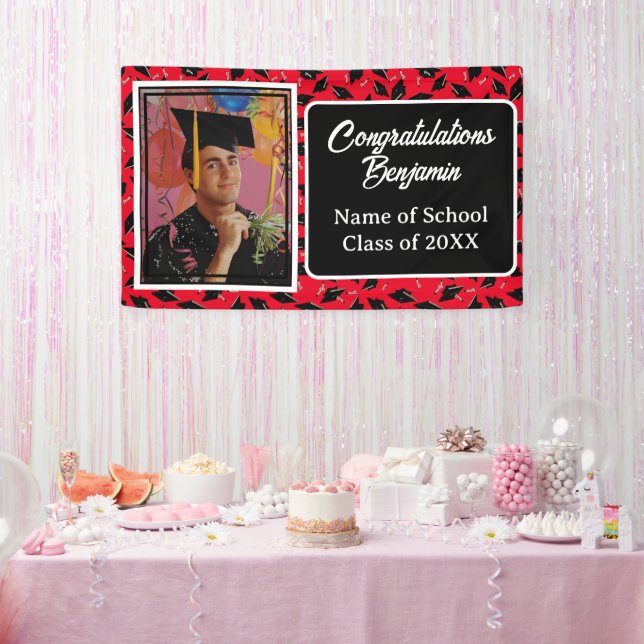 Graduation Party Photo Personalized Black and Red Banner (Party)