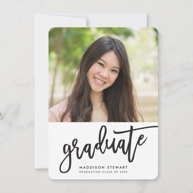 GRADUATION PARTY photo simple calligraphy black Thank You Card (Front)