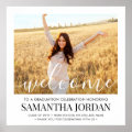 Graduation Party Photo White Script Square Welcome Poster | Zazzle