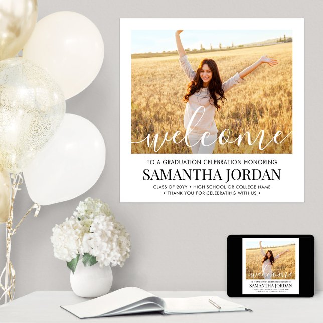 Graduation Party Photo White Script Square Welcome Poster (Creator Uploaded)