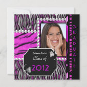 Graduation Party Pink Black Silver Leopard Zebra Invitation (Front)