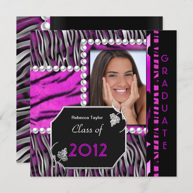 Graduation Party Pink Black Silver Leopard Zebra Invitation (Front/Back)