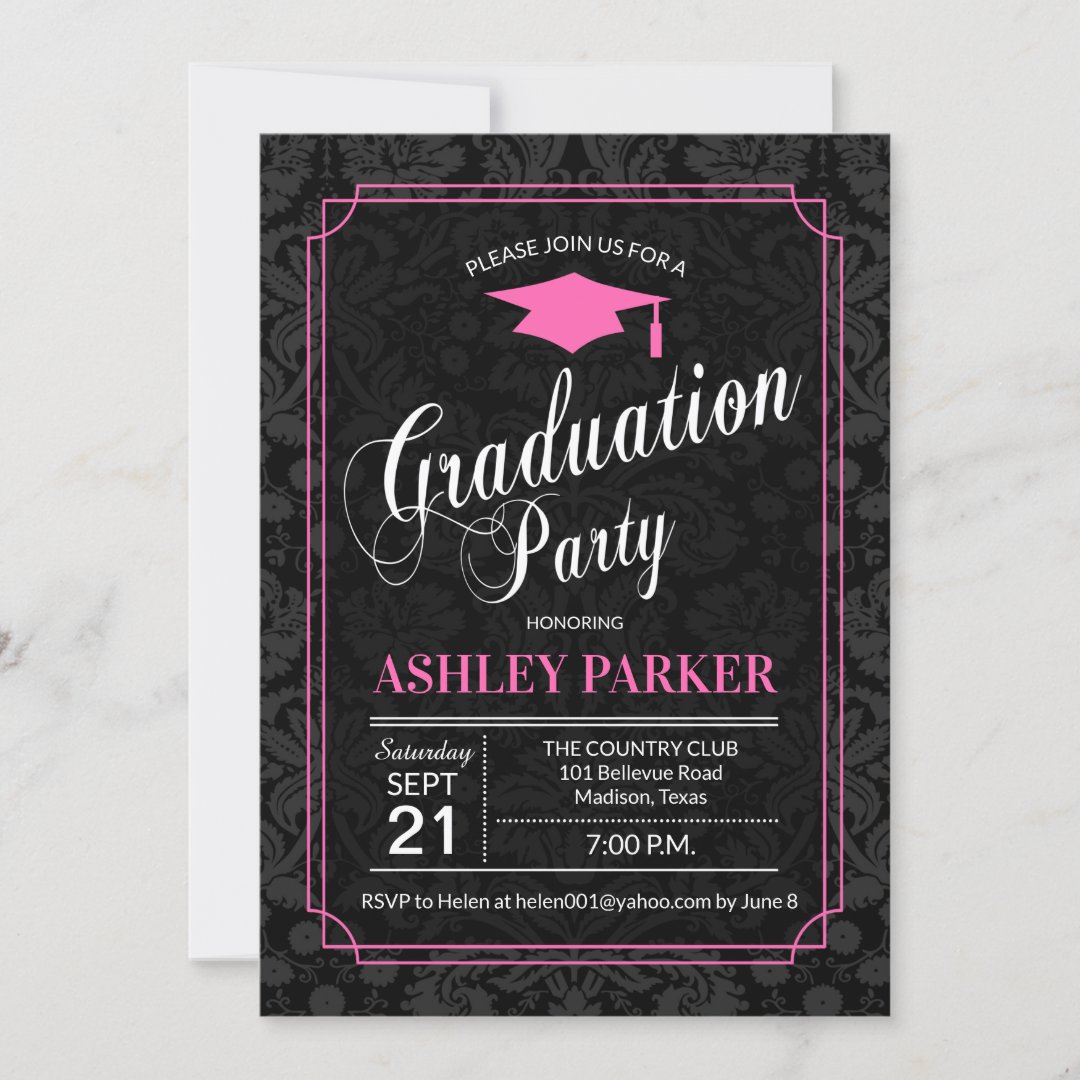 Graduation Party - Pink Black White Damask Invitation | Zazzle