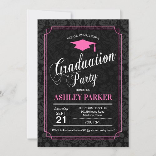 Graduation Party _ Pink Black White Damask Invitation