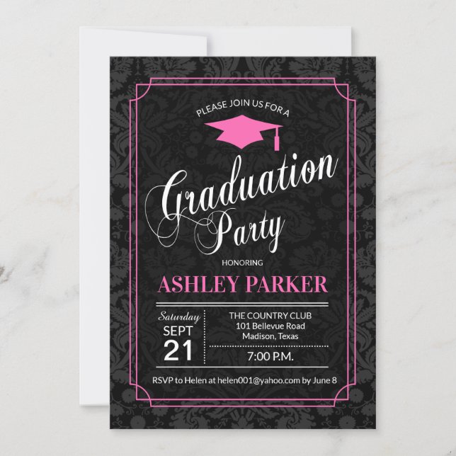 Graduation Party - Pink Black White Damask Invitation (Front)