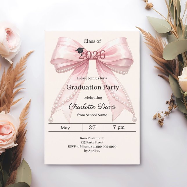 Graduation party pink bow cream class of 2026 invitation (Creator Uploaded)