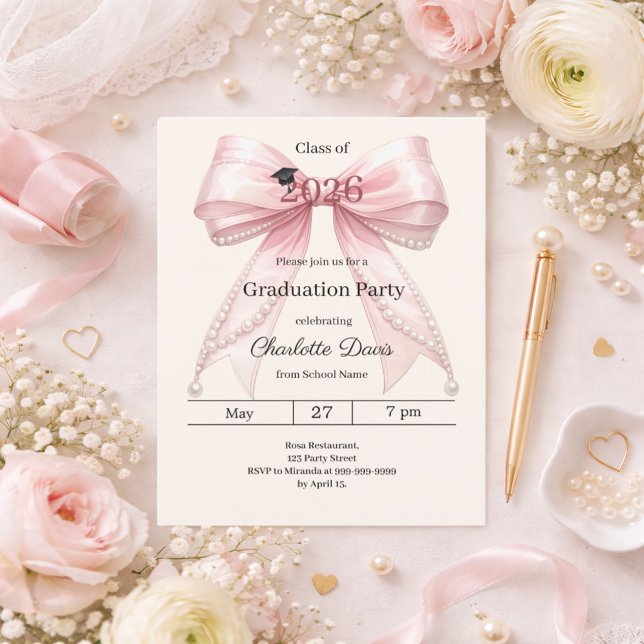 Graduation party pink bow cream invitation (Creator Uploaded)