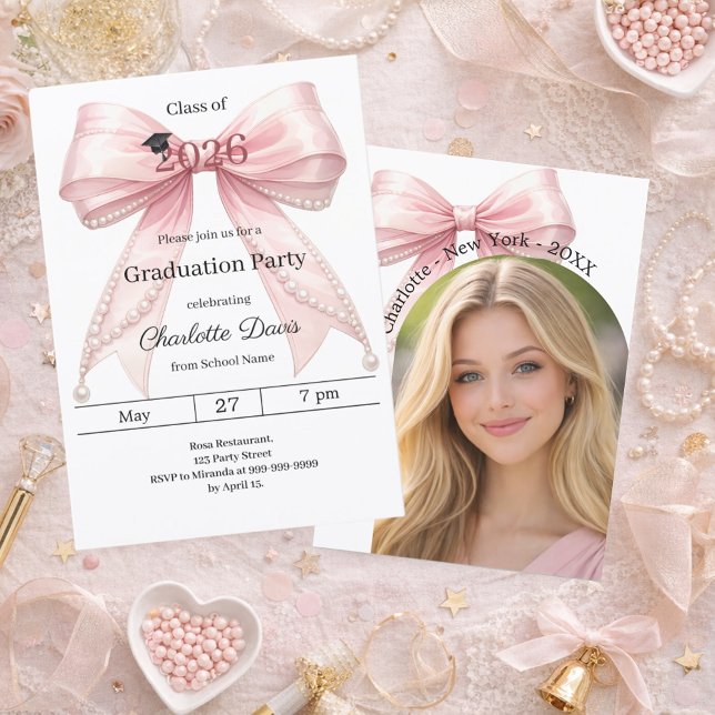 Graduation party pink bow photo arch class of 2026 invitation (Creator Uploaded)