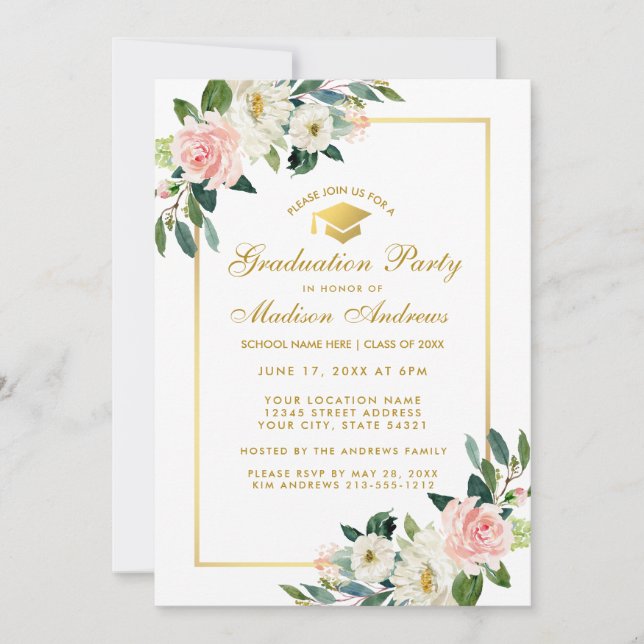 Graduation Party Pink Floral Gold Invitation (Front)