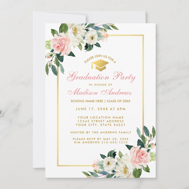Graduation Party Pink Floral Gold Invitation GP (Front)