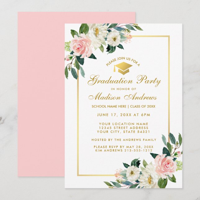 Graduation Party Pink Floral Gold Invitation P (Front/Back)
