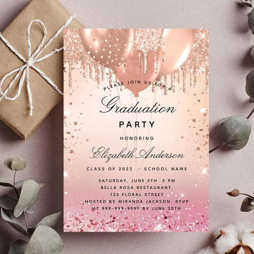 Graduation party pink rose gold balloons invitation