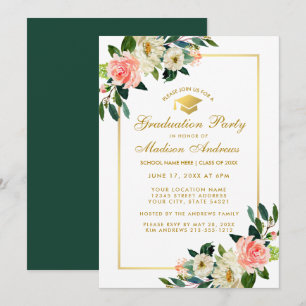 Graduation Party Pink Tropical Floral Gold Invite