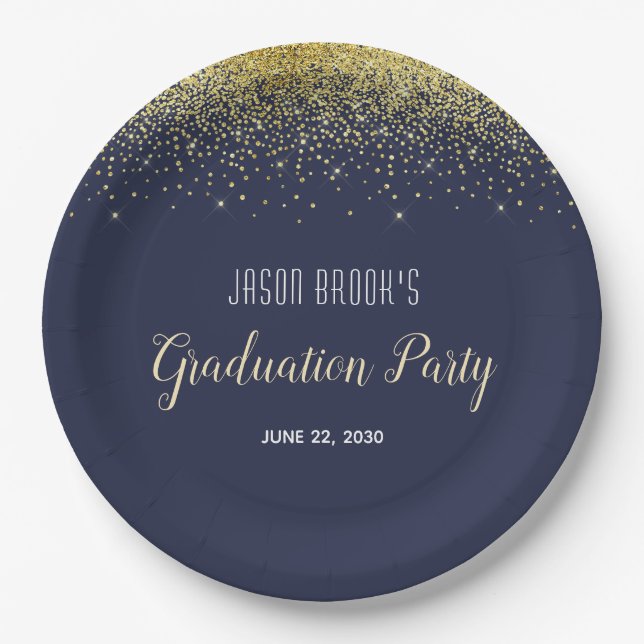 Graduation Party Platinum Gold Confetti Black  Inv Paper Plates (Front)