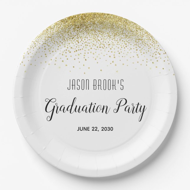 Graduation Party Platinum Gold Confetti On White Paper Plates (Front)