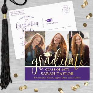 Graduation Party Purple 3 Photo Modern Script Foil Invitation Postcard