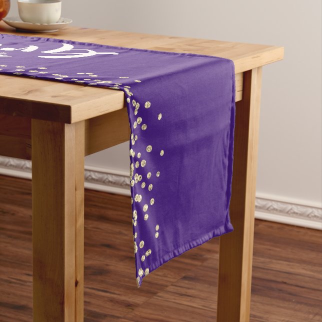 Graduation Party Purple and Gold Confetti GRAD Short Table Runner (In Situ)