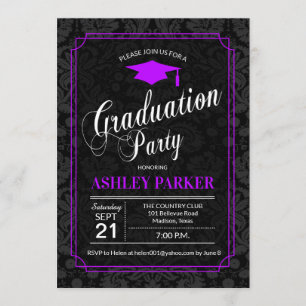 Graduation Party - Purple Black White Damask Invitation