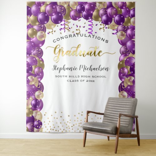 Graduation Party Purple Gold Balloons Streamers Tapestry