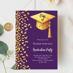 Graduation party purple gold confetti girl invitation