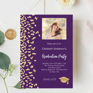 Graduation party purple gold confetti girl photo invitation